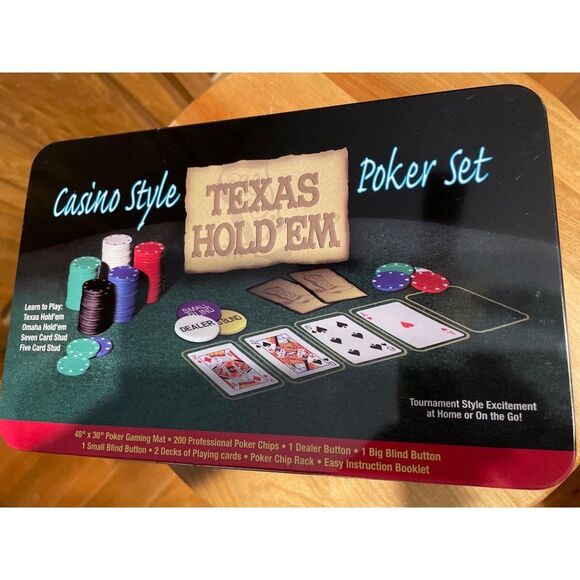 Casino Style Texas Hold’Em Poker Set New in tin, cards, chips, instructions, mat - Picture 1 of 7